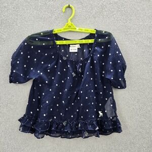 Abercrombie Kids Girls Blouse M Navy‎ Floral Embroidery Polka Dot Ruffle *Please